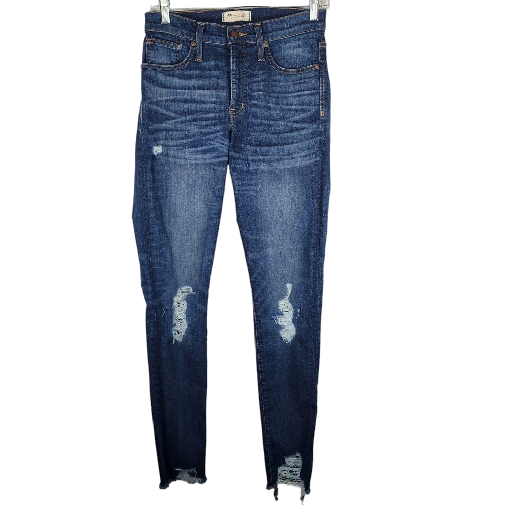 MADEWELL Womens 26T Tall 9in High Rise Waisted Skinny Jeans Rips Holes Raw Hem